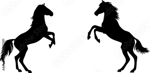 Two horse silhouettes rearing up facing each other on a white background art