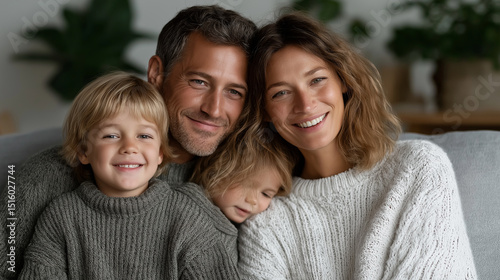 Cheerful Family Tickling Each Other on Grey Sofa, Bright Living Room Scene with Home Decor and Happy Expressions, happy family, multiethnic family, family fun, playful moment, laughing kids, cozy 