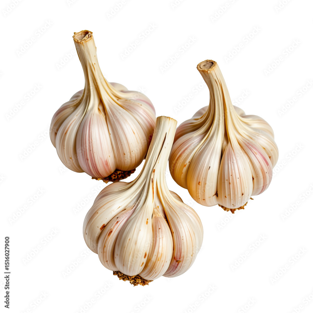 Obraz premium Fresh Organic Garlic Bulbs on White Background Perfect for Culinary and Health Illustrations