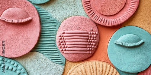 Colorful clay art representing eyes and abstract shapes creating a unique textured background