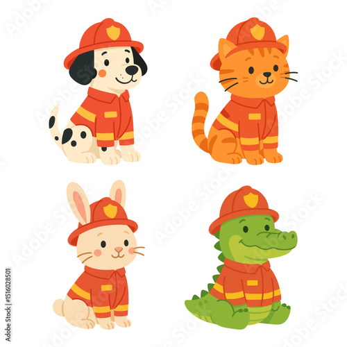 Cute firefighter animals set, flat illustration for kids