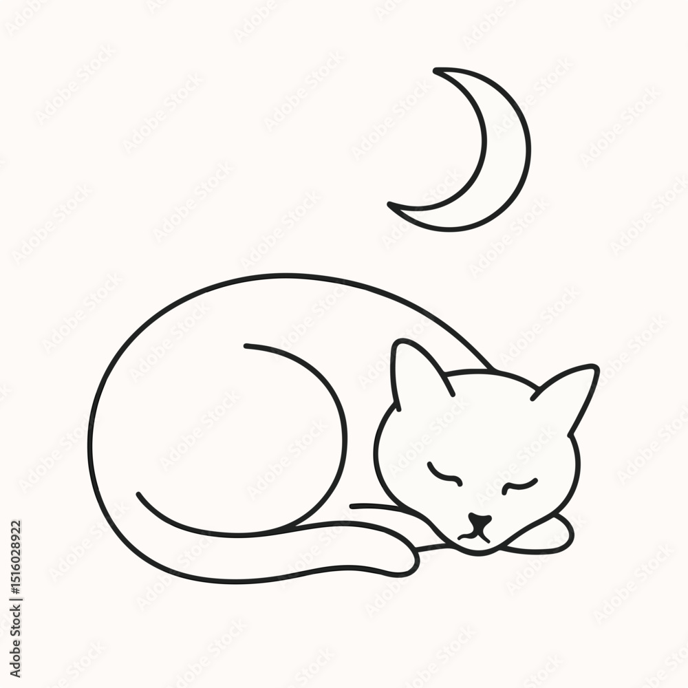 Naklejka premium Dreamy Cat and Crescent Moon: A minimalist illustration of a sleeping cat beneath a crescent moon, capturing a sense of peace and tranquility under the night sky.