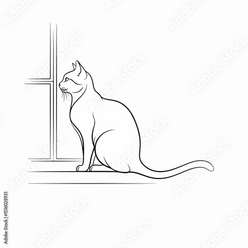 A Feline Contemplation: An elegant cat sits near a window, lost in thought. Its sleek form and focused gaze speak volumes. The detailed sketch highlights the cat's silhouette.