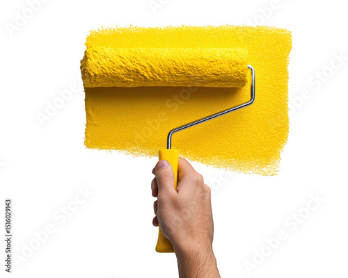 Closeup of hand holding paint roller, applying vibrant yellow paint on surface, showcasing creativity and home improvement. image captures essence of DIY projects and artistic expression