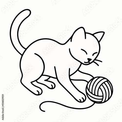 Playful Kitten with Yarn: A whimsical black-line illustration of a sweet kitten playfully engaged with a ball of yarn, bringing a touch of joy.