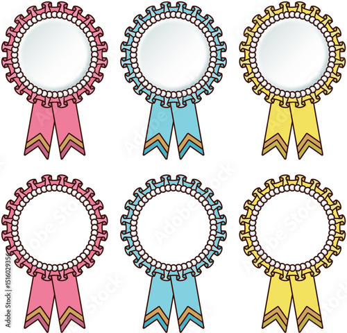 Ribbon Decoration Rosetta Medal Set Decoration Medal of Honor, line art, pink, light blue, yellow / リボンの装飾 ロゼッタ メダル セット 装飾 勲章 名誉 線画 ピンク 水色 黄色