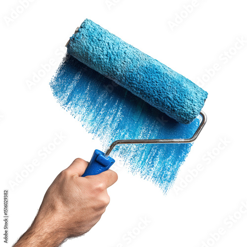 Fototapeta Naklejka Na Ścianę i Meble -  Closeup of hand holding paint roller, applying vibrant blue paint on surface. texture of roller and vivid color create engaging visual, perfect for home improvement themes