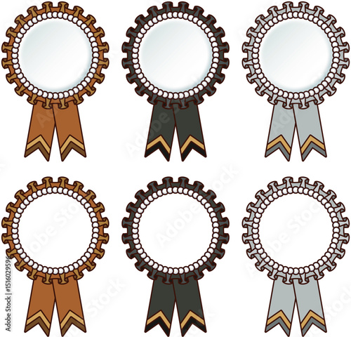 Ribbon Decoration Rosetta Medal Set Decoration Medal of Honor, line art, black, gray, brown / リボンの装飾 ロゼッタ メダル セット 装飾 勲章 名誉 線画 黒 灰色 茶色