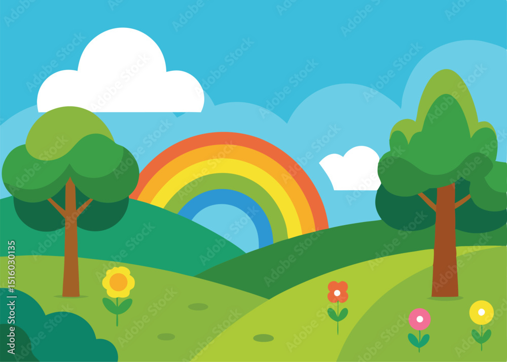 Naklejka premium landscape with rainbow and trees