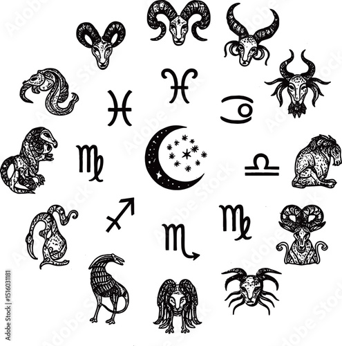 A circular arrangement of black and white zodiac signs and astrological symbols, including a central moon and stars