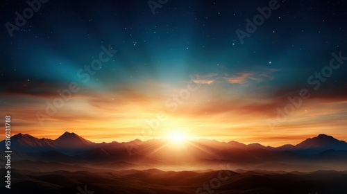 A stunning view of a vibrant sunrise breaking over a picturesque mountain range, illuminating the sky in hues of orange, yellow, and deep blue with a celestial touch.