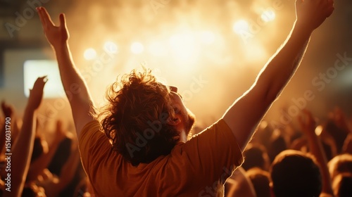 An enthusiastic crowd at a concert with their hands raised, expressing excitement and joy under warm stage lights, capturing the electric atmosphere of live music.
