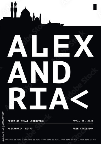 Alexandria typography minimalist vector poster for event, national festival, liberation day, holiday layout. Brochure, leaflet, flyer, presentation monochrome image template with text for Egypt city