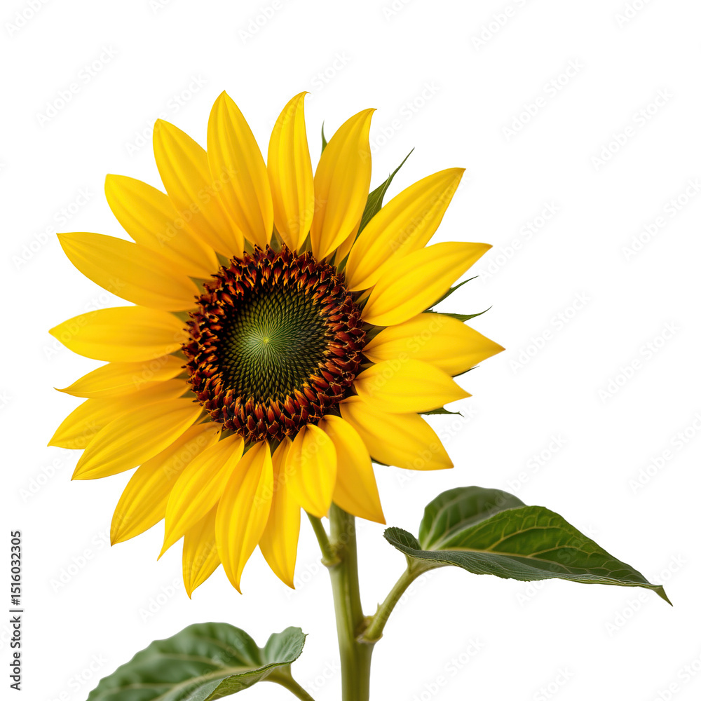 Naklejka premium Bright and Vibrant Sunflower with Green Leaves Isolated on White Background for Nature and Floral Concepts