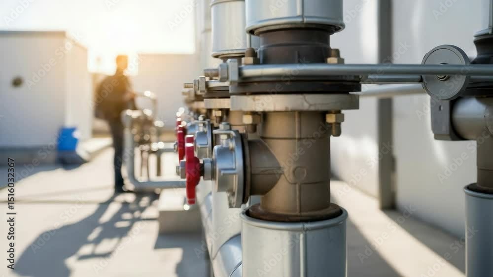 Industrial heating system pipes and valves close up. Complex central heating system structure with metallic pipes and valves. Detailed image of industrial heating system perfect for engineering Industrial heating system pipes and valves close up. Complex central heating system structure with metallic pipes and valves. Detailed image of industrial heating system perfect for engineering