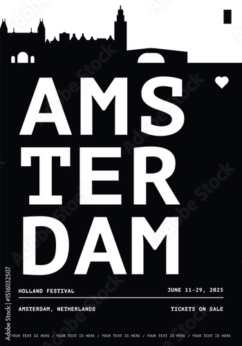 Amsterdam typography minimalist vector poster for national Holland festival, independence day, holiday layout. Brochure, leaflet, flyer, presentation image template for Netherlands city