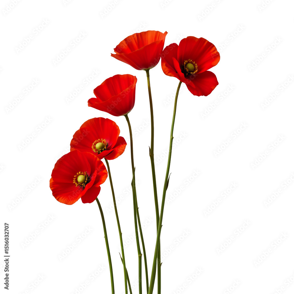 Fototapeta premium Bright Red Poppy Flowers Isolated on a White Background for Floral Art and Design Projects