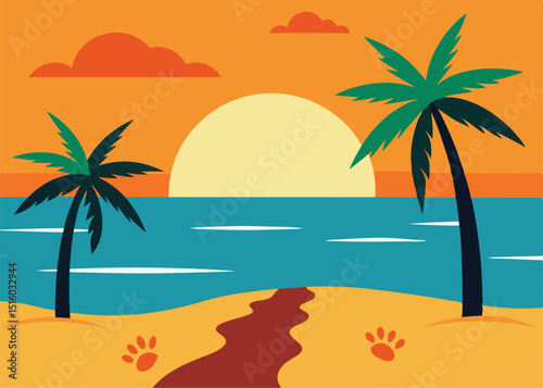 Exotic Beach Sunset View with Palm Trees Art
