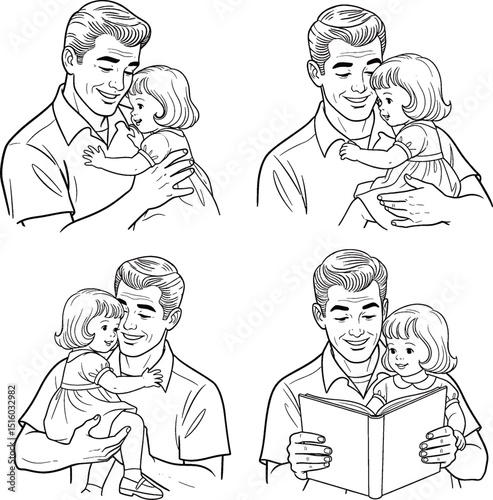 Illustration of a loving father spending quality time with his young daughter through hugging, holding, and reading together.
