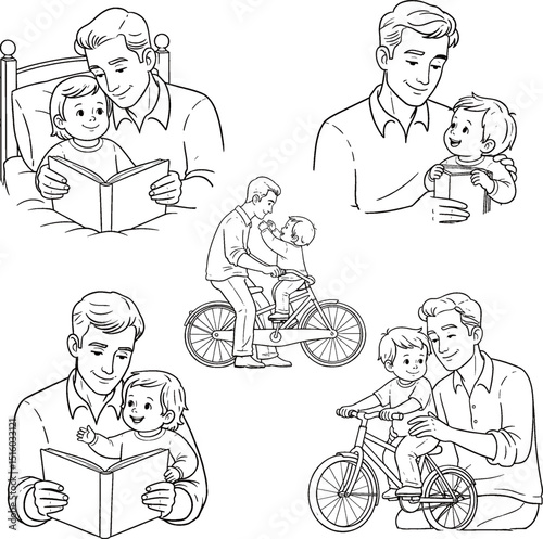 Illustration of a father bonding with his young son through reading and teaching him to ride a bicycle.