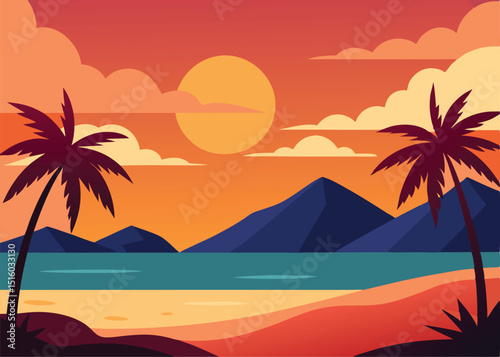Sunset Beach Landscape with Palm Trees Vector