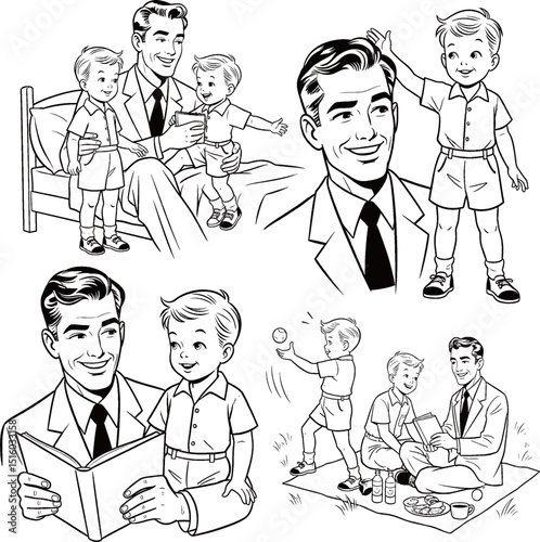 Vintage-style cartoon of a father and son spending quality time together through reading, playing, and having a picnic