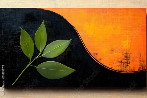 Abstract Black and Orange Wall Art with Vibrant Green Leaf Accent