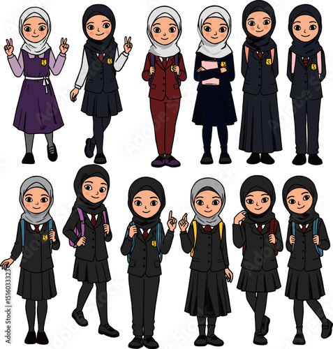 Cartoon illustration of Muslim schoolgirls in uniforms and hijabs, posing cheerfully with backpacks and books.
