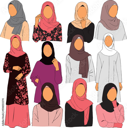 illustration of modest fashion with women wearing hijabs and long dresses in various poses and styles.