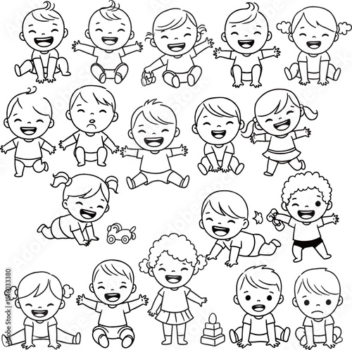  illustration of diverse happy and playful toddlers in various poses and outfits.