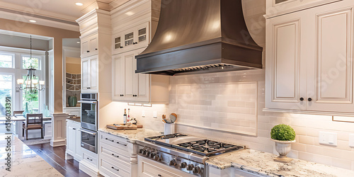 Elegant Kitchen Featuring White Cabinetry a Large Black Range Hood Stainless Steel Appliances and Granite Countertops

 photo
