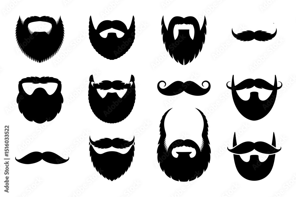 Beard and mustache styles vector silhouette set