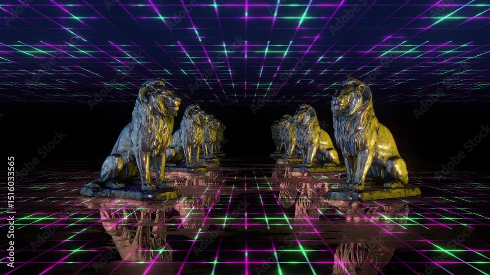 A looping background flying through endless rows of golden lion statues on a neon grid floor.