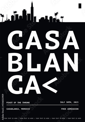 Casablanca typography minimalist vector poster for event, national festival, independence day, holiday layout. Brochure, leaflet, flyer, presentation monochrome image template with text for Morocco