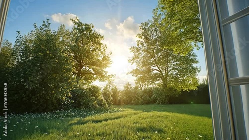 Open window reveals a lush green field and trees under a sunny sky