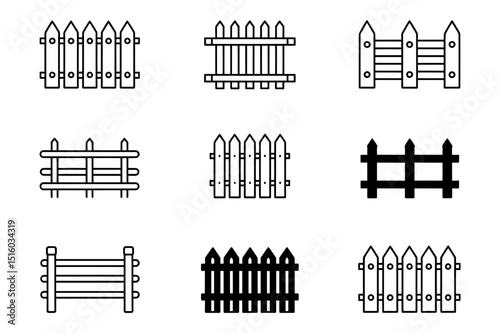 Wood Fence Icons Set Outline and Solid Vector