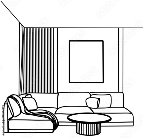 Living room graphic black white home interior sketch illustration vector. Hand drawn sofa
