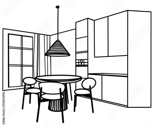 Modern kitchen room design sketch. Kitchen interior, draft. Kitchen furniture, table