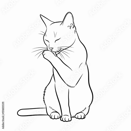 Purrfect Grooming: A serene contour drawing depicts a cat in the midst of its self-grooming ritual, the image exudes a sense of calm, minimalism, and domestic elegance.
