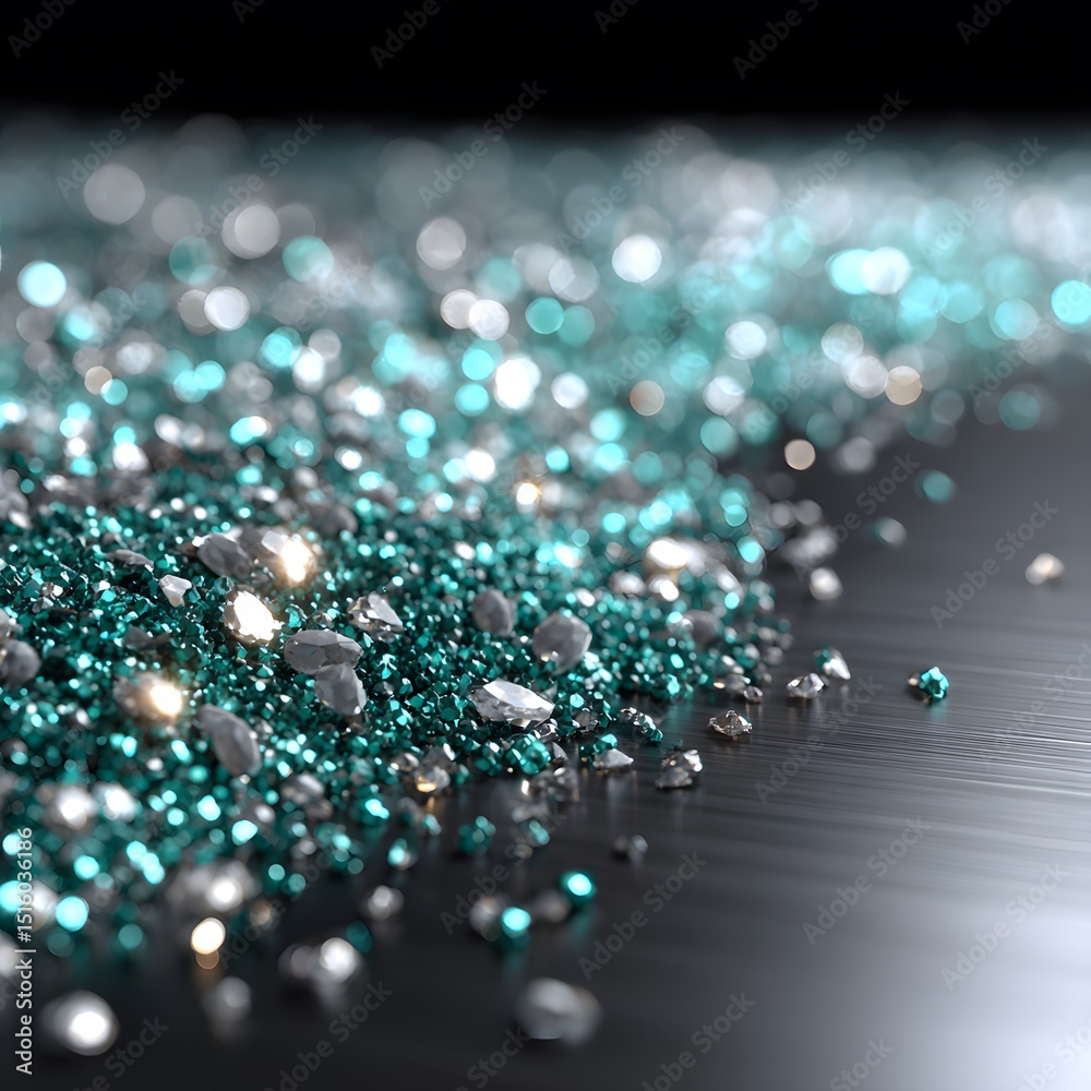 Fototapeta premium Teal and silver gems, glittering pile