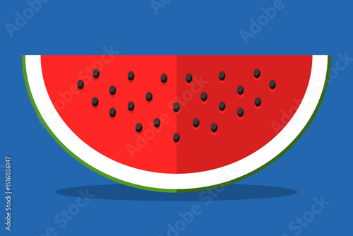 Minimal flat vector of a watermelon slice with seeds and shadow on blue background. Great for food design, summer themes, healthy lifestyle, and packaging illustrations.