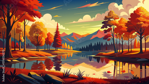 A calm lake reflects fiery autumn trees in red, yellow, and orange under a golden sky, creating a peaceful scene of symmetry, seasonal beauty, and quiet natural wonder.

