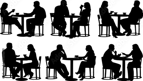 A black silhouette collection of diverse couples sitting at round café tables, viewed from a slightly elevated angle. Each pair is engaged in different social interactions like drinking, talking, and 
