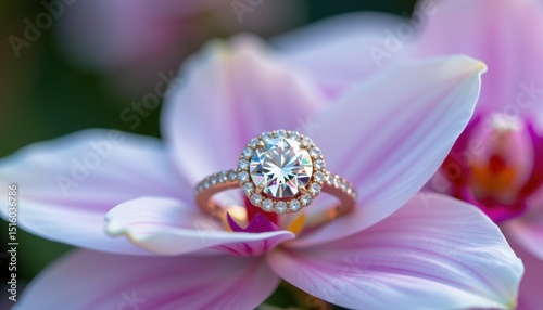 a delicate diamond ring sitting atop a flower. photo