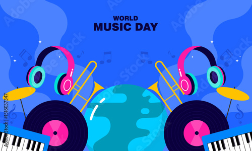 World Music Day Celebration Hand Drawn with Musical Instruments. Perfect for Poster, Banner, Music Events, Festivals, or International Music Themed Designs.