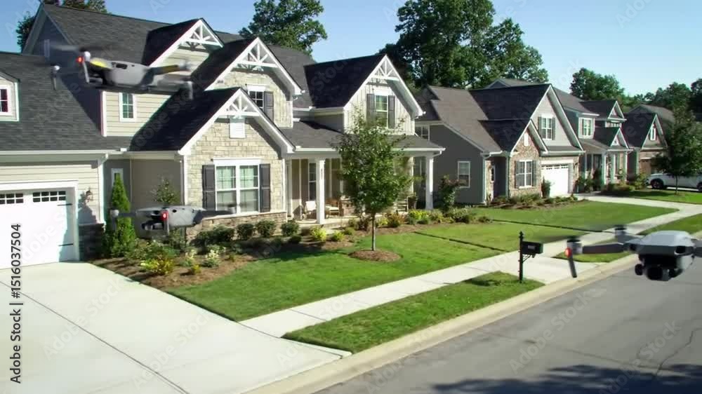 Smooth cinematic footage of autonomous drones delivering packages in suburban neighborhoods, clean, modern homes, sunny day scenario