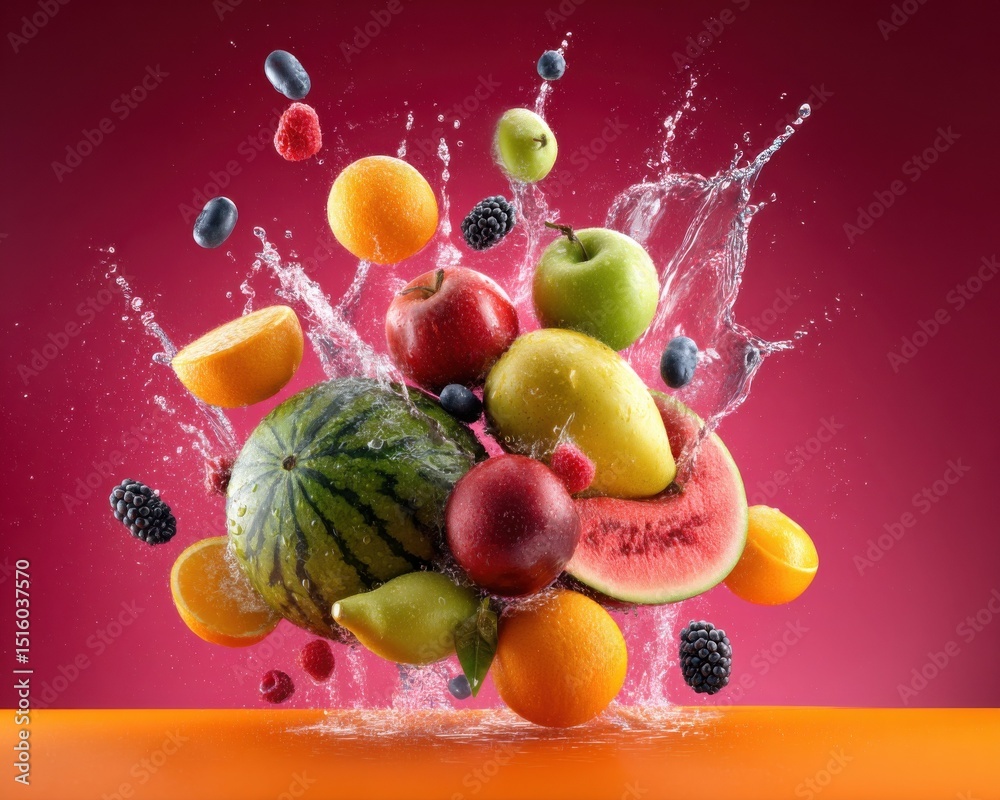 custom made wallpaper toronto digitalColorful Fruits Suspended in Mid-Air With Splashing Water, Showcasing Freshness and Healthy Eating for Food Advertising and Nutrition Campaigns : Generative AI