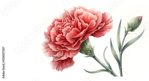 watercolor illustration of a blooming red carnation flower with bud and green stem. Ideal for greeting cards, Mother’s Day designs, romantic prints, floral packaging, posters, and stationery