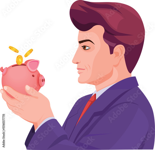 Man Holding Piggy Bank in Hand, concepts related to money, saving, and financial planning