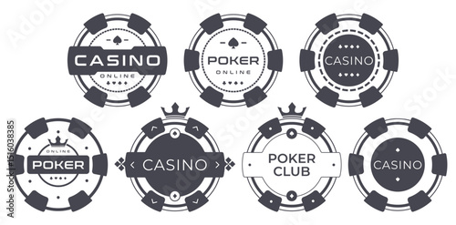 Set of monochrome solid linear casino and poker chip icons isolated on white background. Perfect for online games, gambling platforms, mobile apps, and branding design